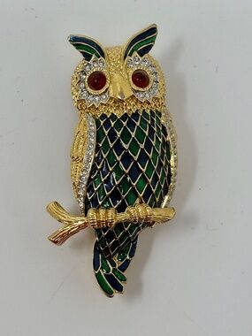 D'orlan Vintage Owl on Branch Brooch Pin Gold Plated Green Enamel with Crystals